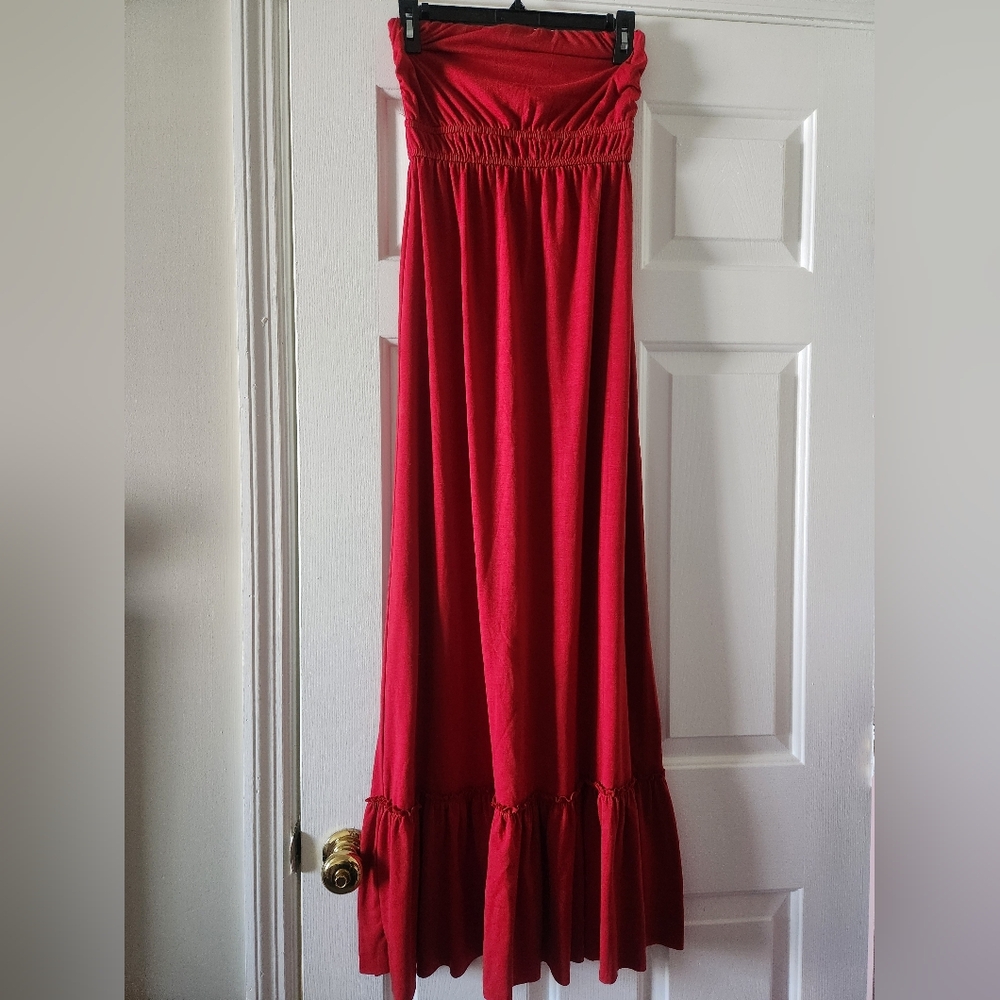 Necessary Objects Red Strapless Smocked Maxi Dress